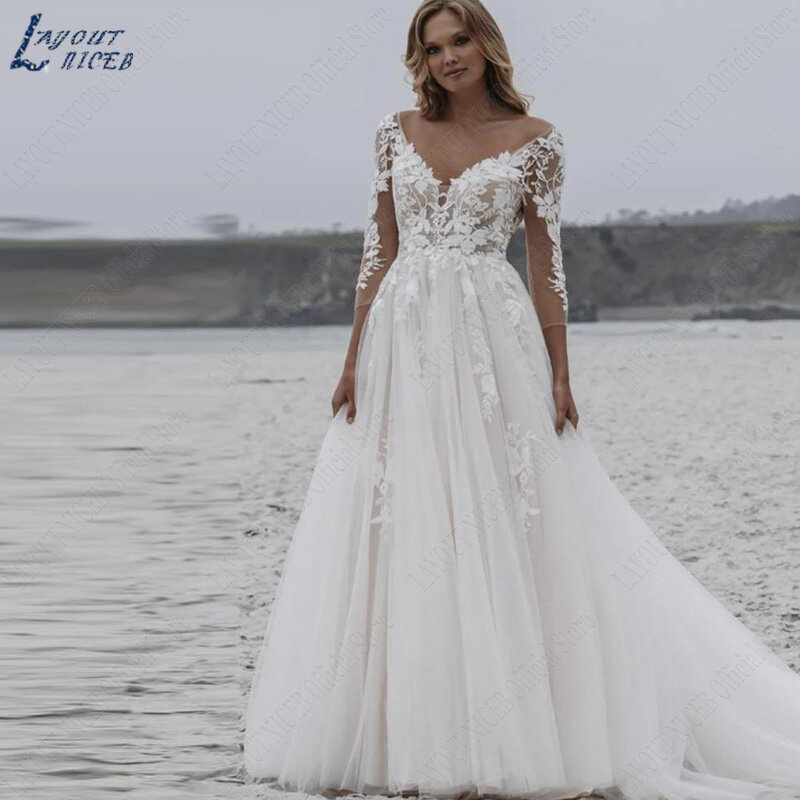 LAYOUT NICEB V-Neck Lace Wedding Dress Appliques Long Sleeves Bridal Gowns robe de mariée boho Backless Tulle A-Line Sweep Train