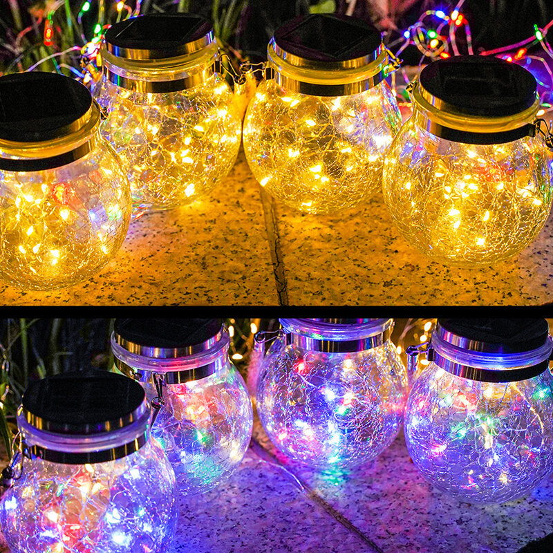 Solar Hanging Lantern LED Crackle Glass Ball Lights Outdoor Waterproof Globe Lighting for Patio/Yard/Tree/Fence Decoration