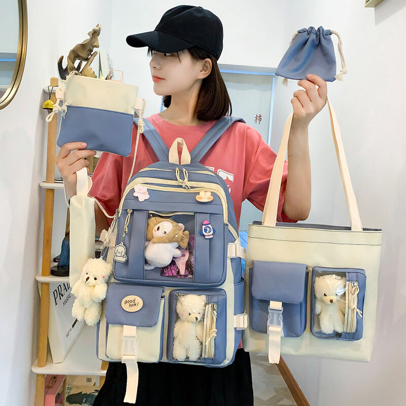 Холщовый Рюкзак для девочек-подростков, милая Корейская школьная сумка большой вместимости для путешествий и книг, ранец, 5 шт./компл.