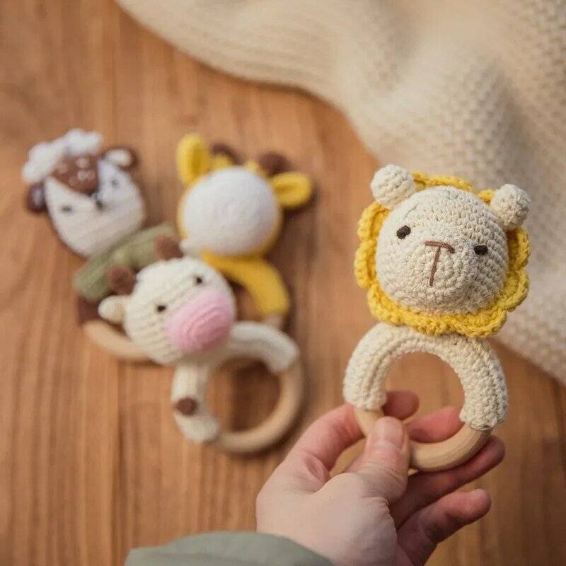 Baby Rattle Animal Crochet Toy Montessori Educational Wooden Rattle Soothing Toy Baby Safe Teether Stroller Game Newborn Gift