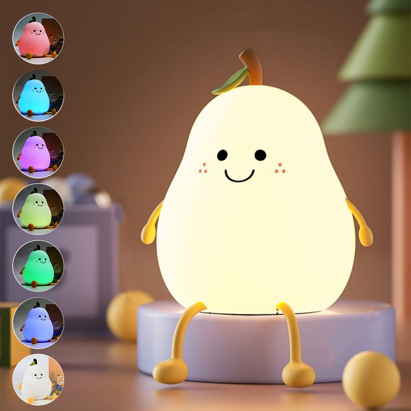 LED Pear Fruit Night Light Dimming Silicone Table Bedside Lamp Bedroom Decoration with 7-Color and Timer USB Rechargeable Touch