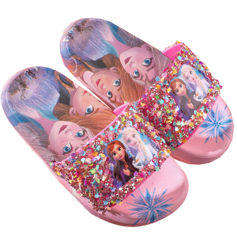 Disney chinelos para crianças e meninas princesa anna elsa cristal gelo e sapatos de neve interior casa fundo macio sandálias de refrigeração