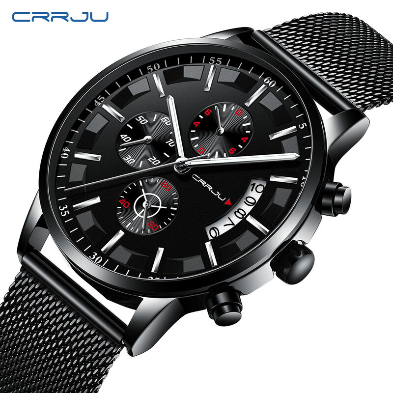CRRJU 2022 New Men's Steel Band Sports Watch Fashion Business Multifunctional Six Needle Timing Mineral Reinforced Glass Mirror