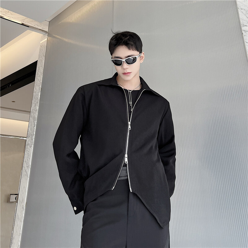 Oversize Bluse Streetwear Doppel Zip Padded Shouder Designer Original Shirt Jungen Langarm Dance Top Männer Koreanischen Stil Kleidung