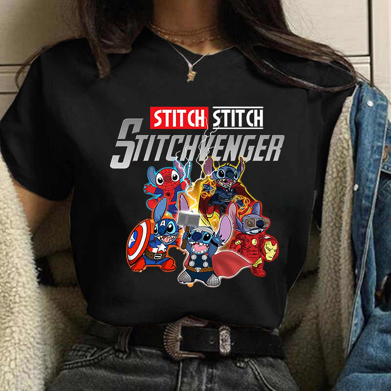 Camiseta Disney Stitch e Groot para mulheres, estampa engraçada, roupas de verão, moda Harajuku, Instagram, camiseta feminina