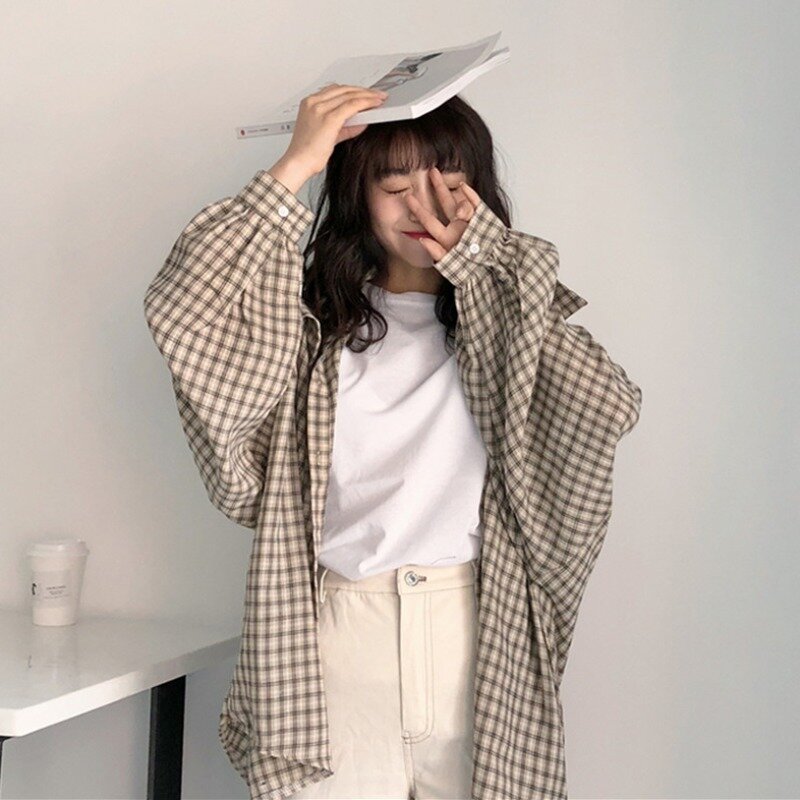 Camisa holgada a cuadros para mujer, chaqueta de protección solar, estilo Retro, primavera y otoño, nueva versión coreana, 2021