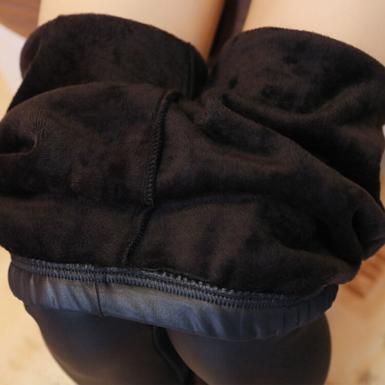 Calças de couro do plutônio das leggings de veludo grossas das mulheres do inverno do tamanho grande elástico de cintura alta calças quentes estiramento velo forro meia-calça