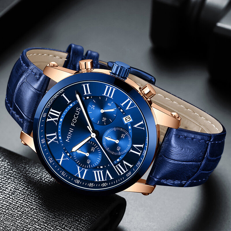 Mini foco moda negócios relógio de quartzo para homem luminoso mãos multifunction sub-mostradores luxo couro genuíno cinto relógios masculinos