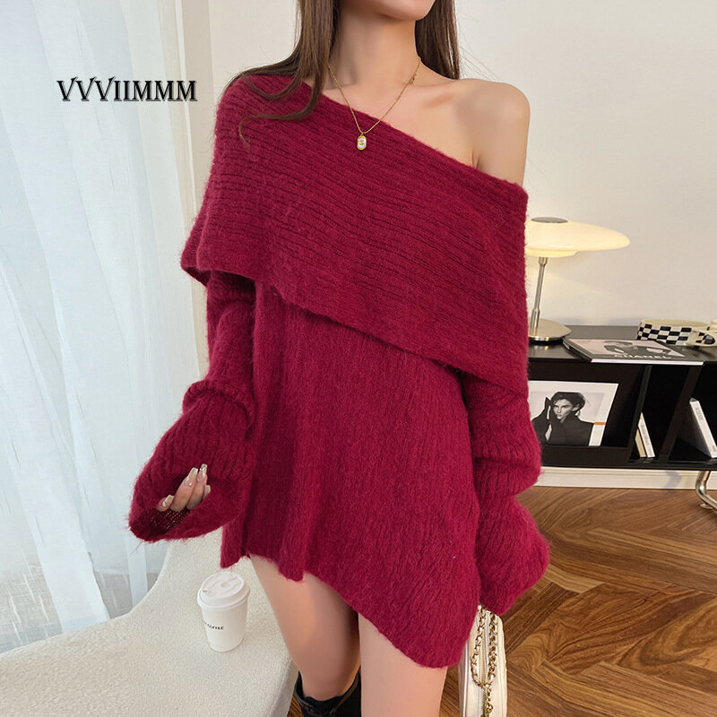 New Sweater Women's Wear 2021 New Design Sense One Shoulder Collar Leaky Shoulder Top Pullover Women's Shirt Traf Knitted Suit