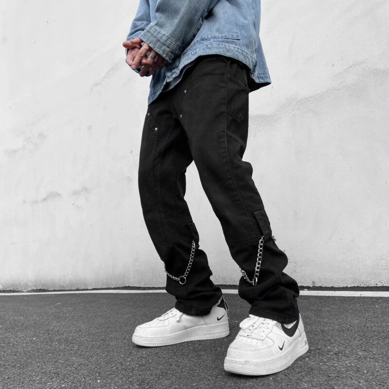 White Black Baggy Jeans Men Fashion Chain Casual Straight Jeans Mens Japanese Streetwear Hip Hop Denim Pants Mens Trousers S-4XL