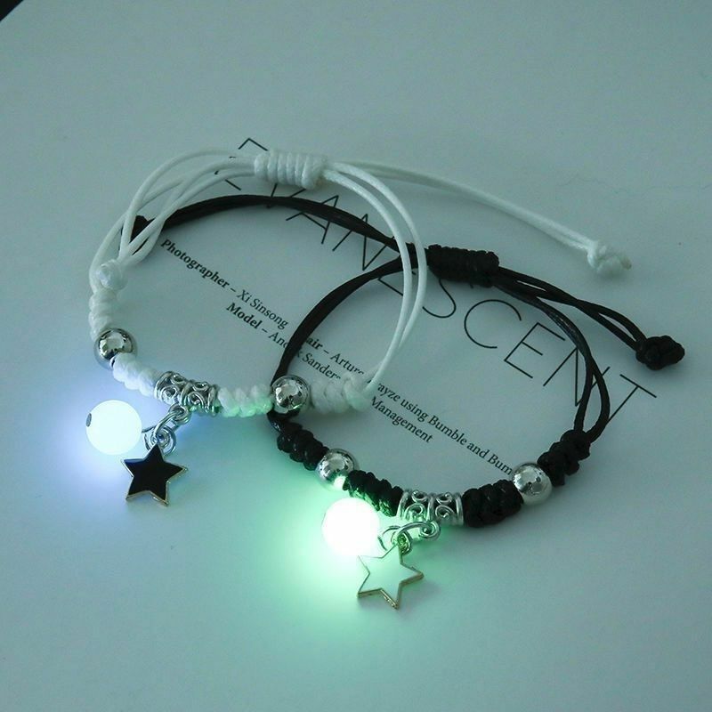 2 pcs/set of luminous couple bracelet cute cartoon charm jewelry adjustable elastic rope bracelet ladies and men's lover gifts