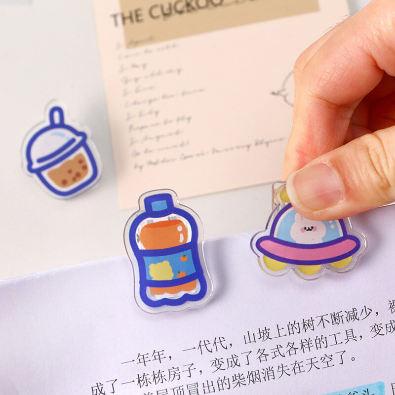 2pcs Kawaii 클립 투명 아크릴 파일 폴더 편지지 테스트 종이 클립 만화 간식 씰링 클립 귀여운 학생 용품
