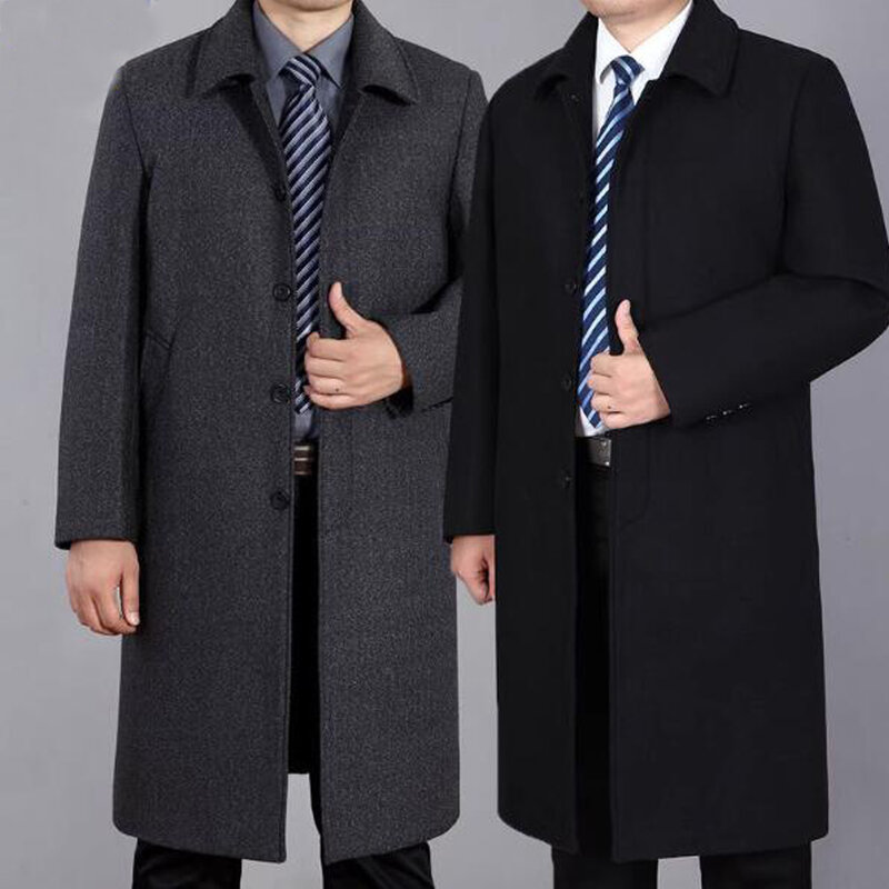 معطف رجالي كلاسيكي أحادي اللون سميك من الصوف الدافئ ، معطف طويل ، بوتيك ، أسود ، رمادي ، خريف ، شتاء