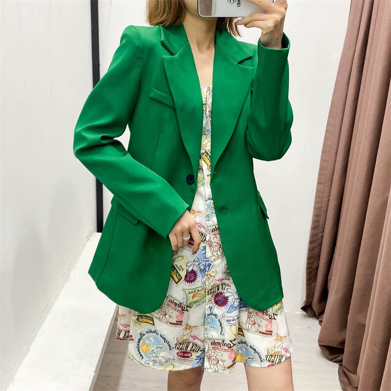 Женский однотонный зеленый Блейзер, повседневный пиджак с английским воротником, модная весенне-осенняя Повседневная шикарная куртка, жен...