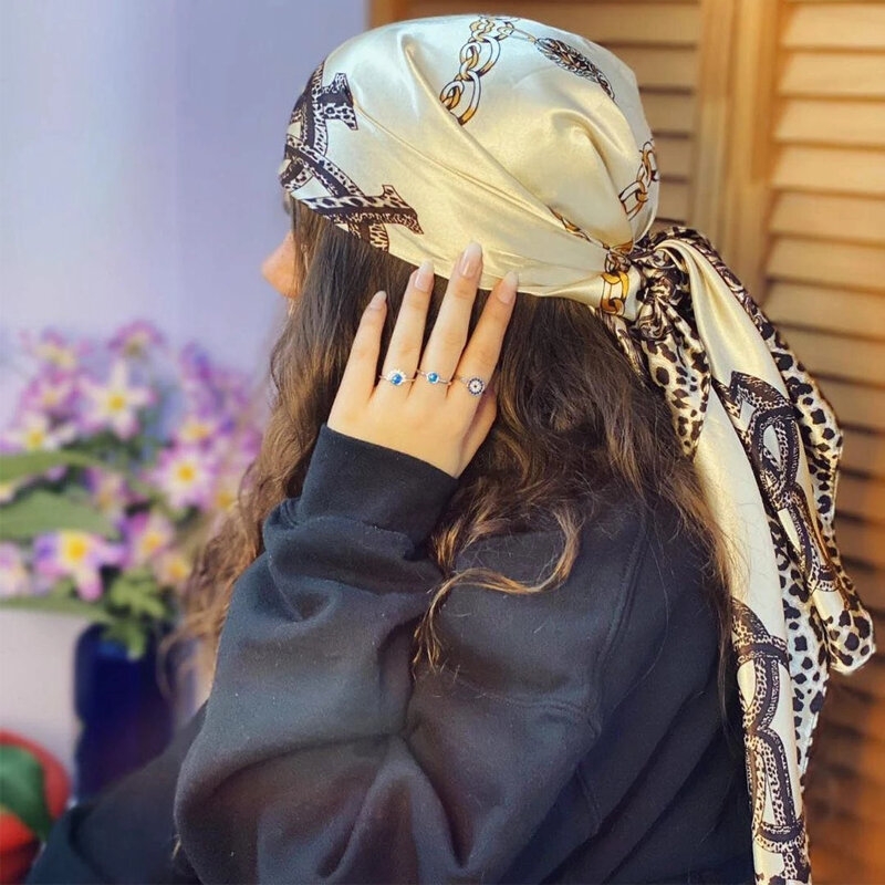 2022 Design Hijab Satin Silk 90cm Square Scarf Women Luxury Brand Headband Muslim Head Wrap Bandana Foulard  Scarves Echarpe