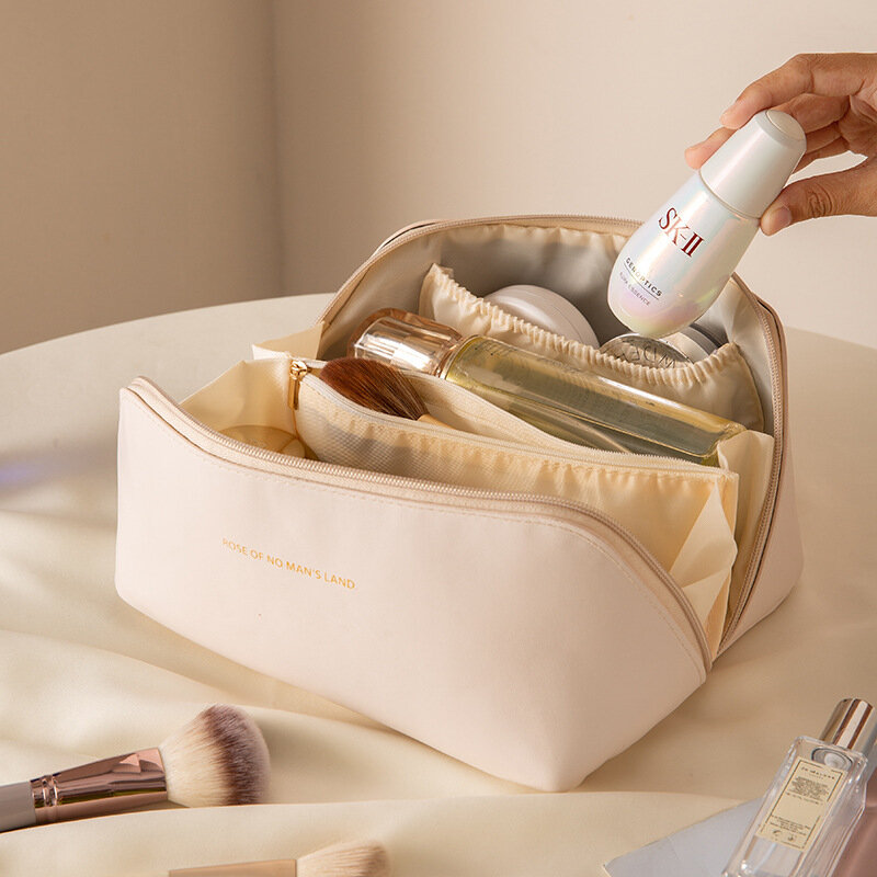 Bolsa de cosméticos de viaje de gran capacidad para mujer, bolsa de maquillaje de PU portátil, bolsa de baño impermeable, Kit de aseo multifunción