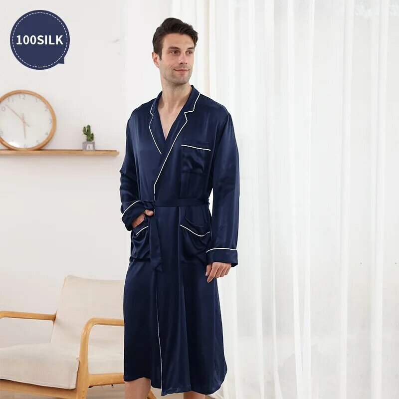 Халат для сна мужской из натурального шелка, длинная ночная рубашка из шелка тутового шелкопряда, Пижамный халат, одежда для отдыха, 22 мм, 100%