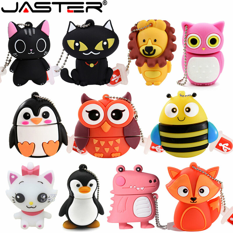 JASTER Cute Cartoon USB 2.0 Flash Drives 64GB Penguin Fox Various Animal Types Pen Drive 32GB Free Key chain Memory Stick U disk