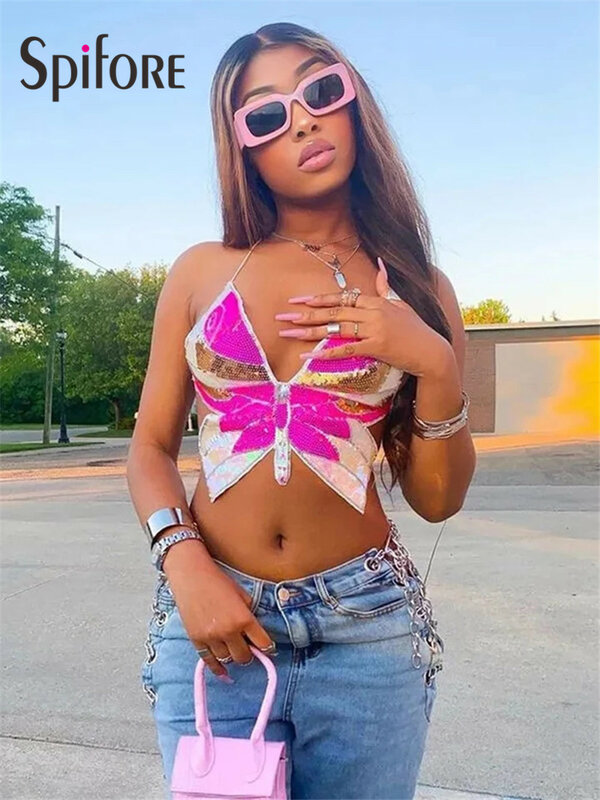 Spifore Bling Sequined Butterfly Camis Summer Backless Halter Glitter Crop Top Fashion Party Nightclub Wear Y2K Women Tanks