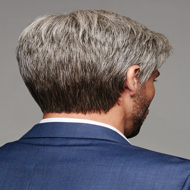 Peluca gris degradado para hombre, flequillo dividido parcial, pelo corto y liso, nuevo, en stock