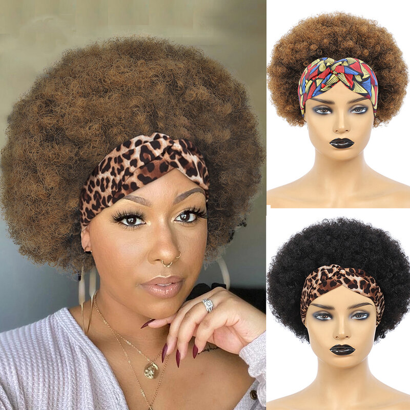 Afro pałąk peruka krótkie peruki z włosami kręconymi typu Kinky dla czarnych kobiet naturalna czarna bezklejowa peruka z opaskami darmowe dołączone codzienne użytkowanie