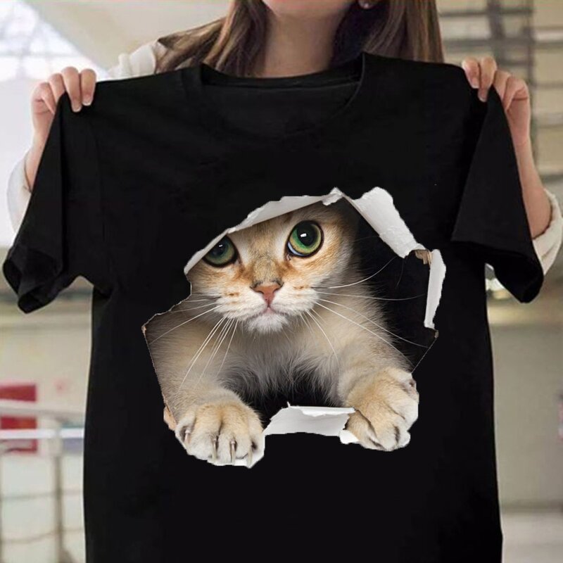T-shirt manches courtes col rond femme, estival et décontracté, avec chat mignon imprimé, haut créatif et personnalisé