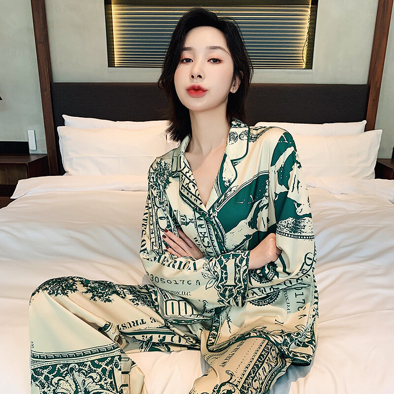 Silk Pajamas Women's Summer Ice Silk Leopard Print Sexy High-end Luxury Casual Home Wear Ladies Long-sleeved Trousers Suit