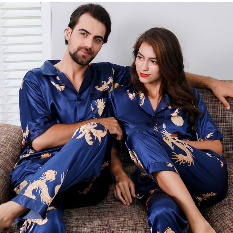 Summer Couple Thin Long Sleeve Nightgown Silk Pajamas for Men Sleepwear Mens Pajama Set and Women Pajamas Set Mansleepwear