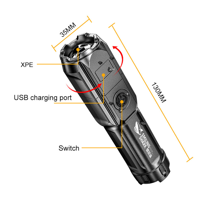 다목적 고출력 손전등, USB 충전, 텔레스코픽 포커스, 야광 플래시 라이트, 방수 전술 미니 램프