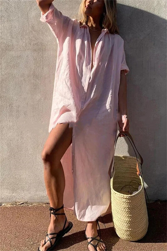 2023 solidna kolorowa bawełniana pościel kobiety elegancka w stylu Casual, imprezowa lato klapa przycisk podział średniej długości koszula plaża sukienka plażowa Cover-up