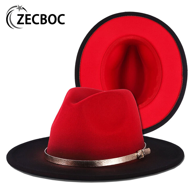 Sombreros de fieltro para hombre y mujer, sombrero de ala ancha de retales, cinturón dorado degradado, iglesia, Derby, estilo británico Artificial, Jazz