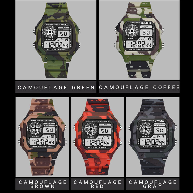 SYNOKE jam tangan olahraga militer pria, arloji Digital persegi warna-warni bercahaya, jam tangan elektronik pria Reloj De hombre