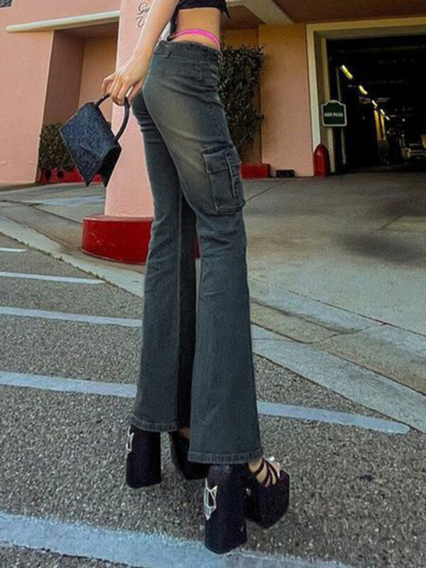 Weiyao y2k baixa ascensão jean calças com cinto do vintage estético streetwear em linha reta calças jeans moda feminina bolsos de carga