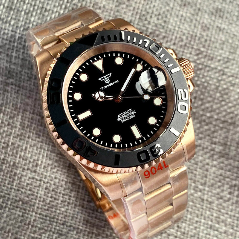 Ouro rosa tandorio nh35a relógio mecânico para homem reloj hombre relógio automático de luxo masculino à prova dym água ym insert oyster
