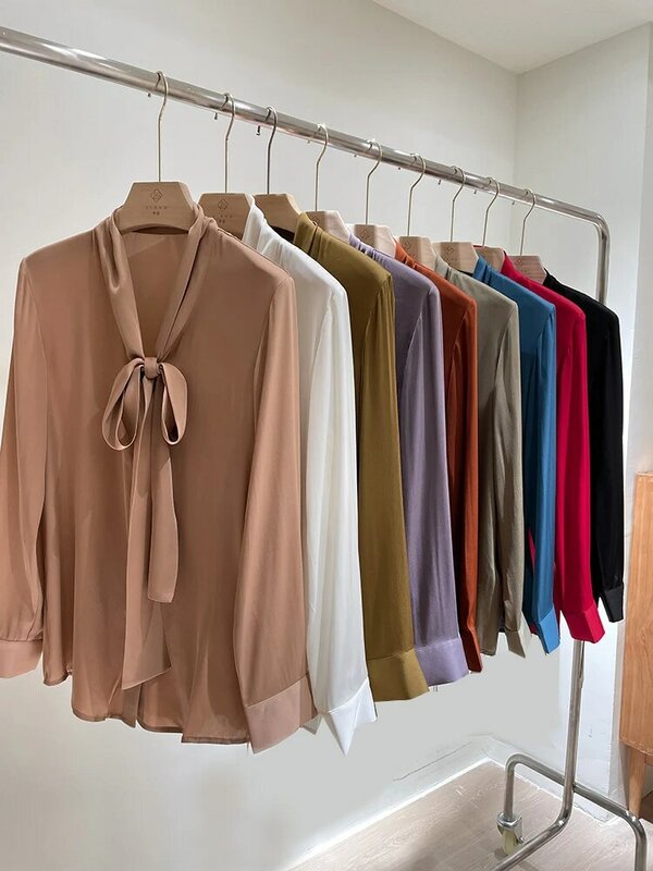 Camisa de LICRA 93% de seda para mujer, blusa elegante de manga larga con cuello de lazo, Top informal liso a la moda para Primavera, 7%