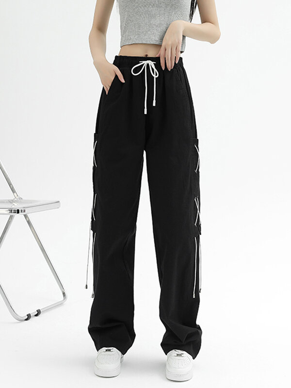 Pantaloni larghi con Design a fasciatura Vintage Oversize pantaloni sportivi larghi a gamba larga dritti pantaloni Casual Streetwear moda coreana