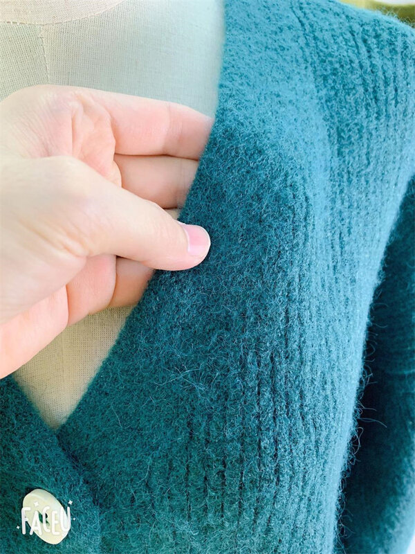 Baru Kebesaran Wanita Sweater Musim Gugur Musim Dingin Kasual Modis Biru V-Neck Cardigan Single Breasted Lengan Engah Longgar Cardigan