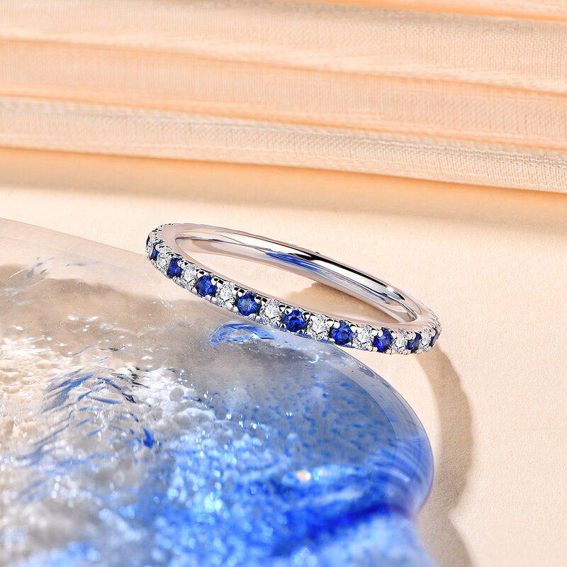 Mintybox cincin Moissanite bulat S925 Sterling perak, cincin dapat ditumpuk untuk wanita, perhiasan mewah pita pernikahan safir biru merah muda