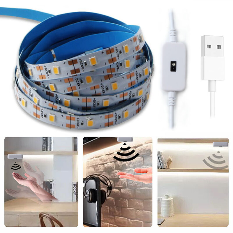 ハンドウェーブセンサーライトストリップ,温かみのある白色LEDストリップライト,5m,1m,2m,3m,60ダイオード,USB 5v,TVバックライト,キッチン装飾