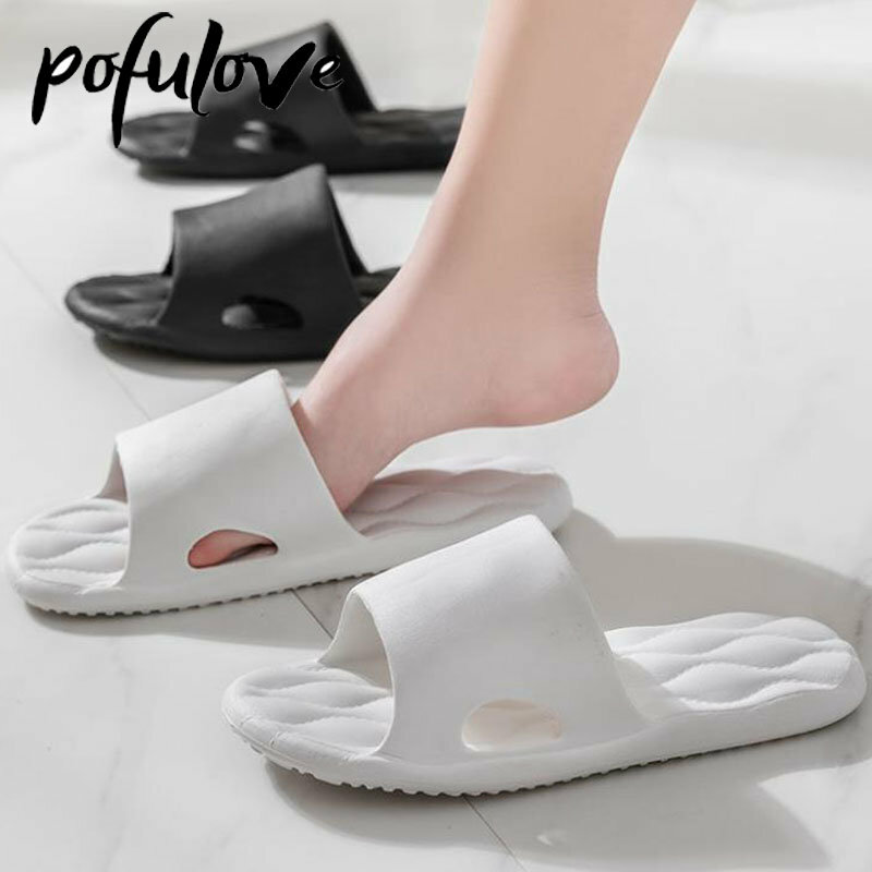 Pofulove-Zapatillas antideslizantes de suela suave para mujer, chanclas cómodas de tacón plano de Color sólido para baño, venta al por mayor