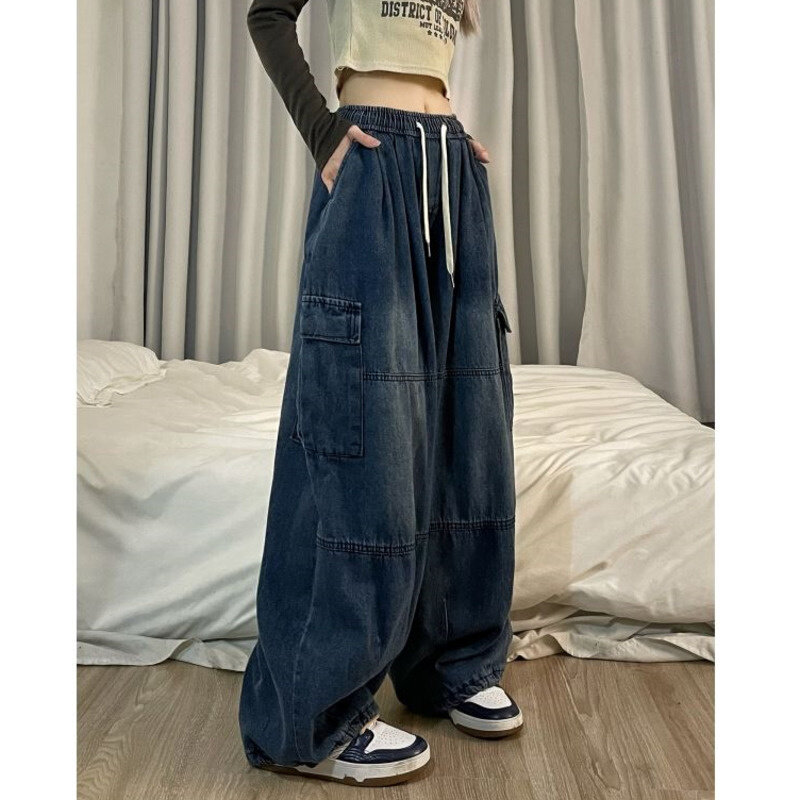 Женские джинсы в стиле Хай-стрит, свободные брюки-карго с широкими штанинами в Корейском стиле, повседневные мешковатые брюки в стиле хип-хо...