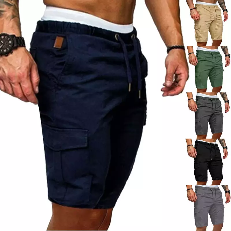 Pantalones cortos Cargo para hombre, Bermudas de algodón, estilo militar, con bolsillos de trabajo rectos, con cordones, informales, Vintage, Verano