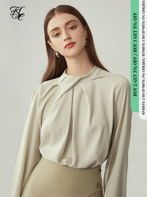 Fsle escritório senhora elegante chiffon blusa camisa feminina manga longa plissado camisa verde topo feminino outono vintage blusa 2020