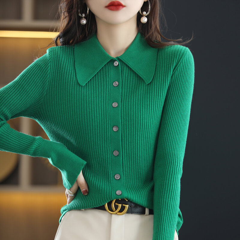 Spring and Autumn New Outer Shirts Women's POLO Collar Knit Cardigan Sweater Temperament Fashion Lapel Jacket Bottoming Shirt