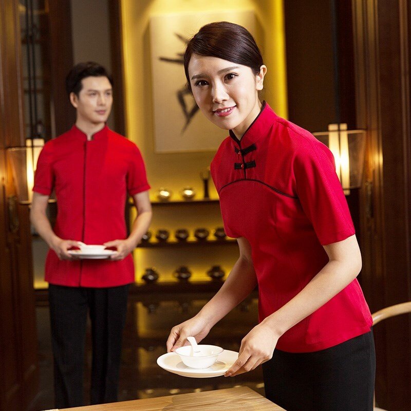 Alta qualidade vestuário de trabalho do hotel dos homens e das mulheres verão hotpot pessoal restaurante cinza retro garçom uniformes camisa chinesa