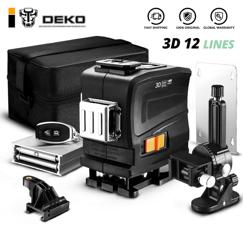 DEKO-Nivel láser, herramienta de construcción de 3,7 V, 3X360, verde, líneas horizontales/verticales, con CONTROL remoto autonivelante