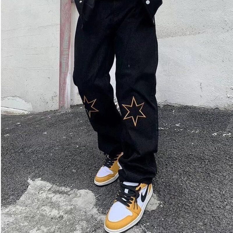 Уличные джинсы в стиле ретро для мужчин, трендовые брюки в стиле хип-хоп, свободные прямые штаны с широкими штанинами и надписью, повседневная одежда с завышенной талией