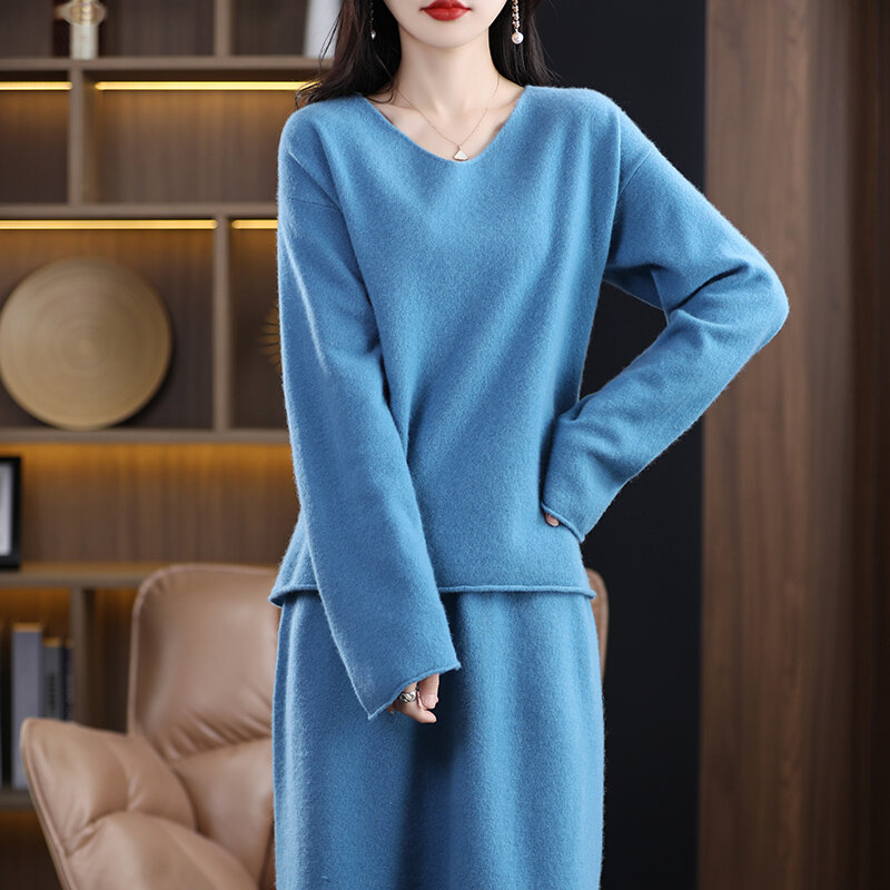 Spring New Lazy Wind Loose 100% Pure Wool Two-Piece Women's V-Neck Sweater With Long Pullover And Thin Knitted Skirt Suit