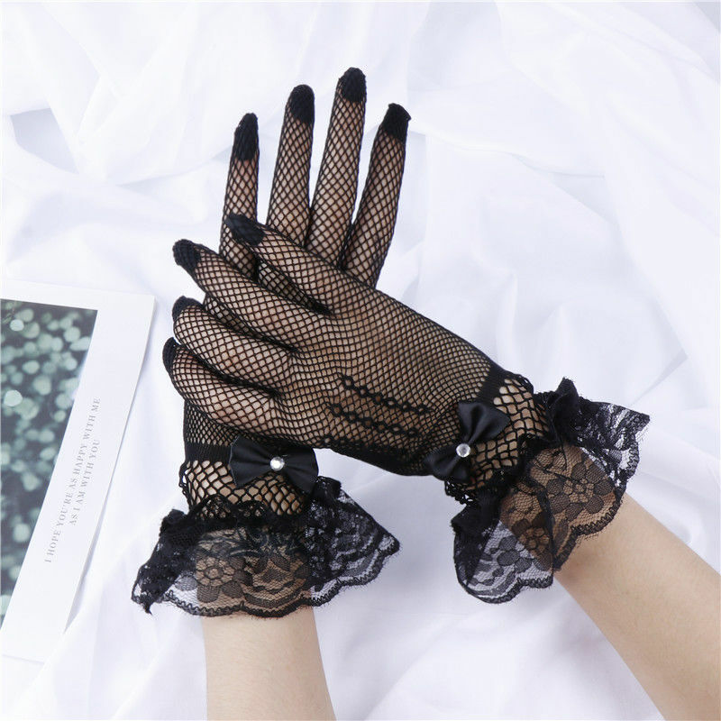 Sarung tangan pesta hitam putih sarung tangan pengantin sarung tangan pernikahan jaring-jaring pendek renda jari Aksesori pengantin perempuan