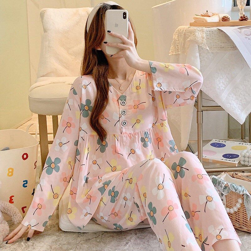 Long-sleeved pijamas feminino primavera/outono viscose fina serviço de casa meninas japonesas podem desgastar roupa do estudante outono sono